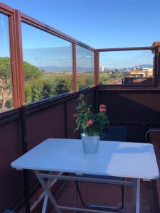 una mesa blanca con una maceta en el balcón en Gioconda’s Apartment, en Roma