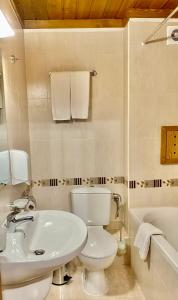 La salle de bains est pourvue de toilettes blanches et d'un lavabo. dans l'établissement Pirin Golf Private Apartments & Studios, à Razlog