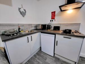 una pequeña cocina con armarios blancos y fregadero en Easy Living Nottingham - Burns Street en Nottingham