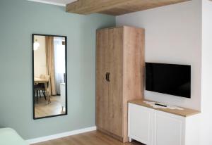 a living room with a tv and a mirror at Apartamenty u Znańca in Sromowce Wyżne