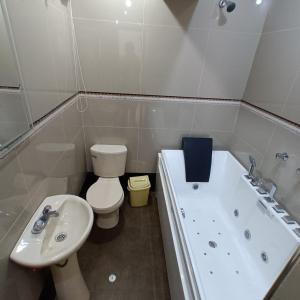 a bathroom with a toilet and a tub and a sink at Hostal Jovita in Lima