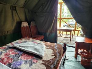 een slaapkamer met een bed, een stoel en een raam bij Ishasha Pride Lodge in Kihihi