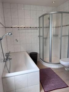 uma casa de banho com um chuveiro, uma banheira e um WC. em Beautiful house with free parking on premise em Utzenstorf
