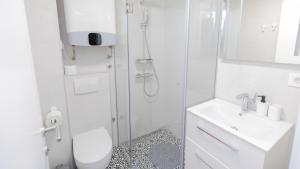 ein Badezimmer mit Dusche, Toilette und Waschbecken in der Unterkunft Apartment miTski Kop in Kopaonik + 20 Fotos
