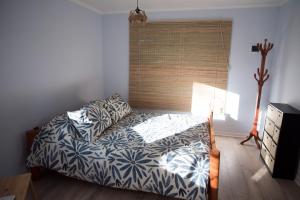 1 dormitorio con 1 cama, vestidor y ventana en Lemudomos, en Pichilemu