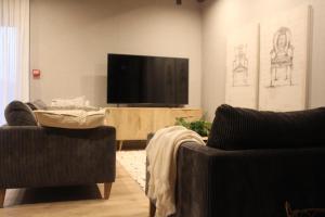 a living room with two chairs and a flat screen tv at Hotel a Ecogranxa in Pontevedra