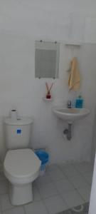 a white bathroom with a toilet and a sink at Helena Hostel in Cali
