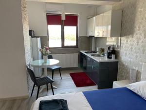 a small kitchen with a bed and a table in a room at No. 110 / Downtown in Iaşi +11 photos