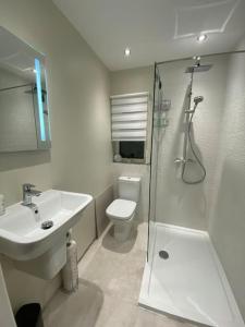 uma casa de banho com um WC, um lavatório e um chuveiro em Wharfedale Lodge- Bungalow-3 Bed, 2 bath, Amazing! em Thornton