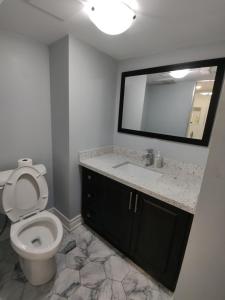 Prestige Accommodation Self-contained 2 Bedrooms Suite في أجاكس: حمام مع مرحاض ومغسلة ومرآة