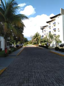 a cobblestone street with palm trees and buildings at B101 AP do Lago, com Cozinha e Churrasqueira privativa , internet banda larga, rampa barco e jet, pesqueiro in Caldas Novas