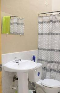 a bathroom with a sink and a toilet and a shower curtain at Casco histórico Demeter in Comayagua