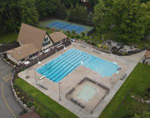 an overhead view of a large swimming pool at Firepit, BBQ, AC, Indoor Pool, KING bed, Self check in, Indoor Fireplace, FREE Amenities in Lake Ariel