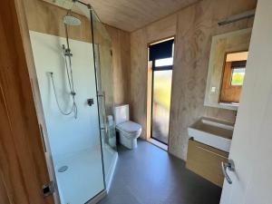 a bathroom with a shower and a toilet and a sink at Wayfarers Lodge in Lake Tekapo
