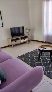 a living room with a purple couch and a tv at Mon oasis in Saint-Louis