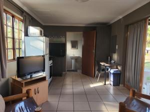 Snips Accommodation في نيوكاسل: غرفة معيشة فيها تلفزيون ومطبخ
