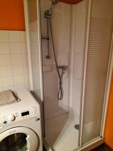 a shower in a bathroom with a washing machine at Maison des Gabelous in Guipry-Messac