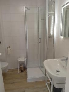 a white bathroom with a shower and a sink at Am Bodden, FW 8 in Zingst