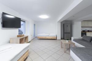 杜塞道夫的住宿－T&K Apartments - Dusseldorf - 2 rooms - Ground floor，一间带两张床和一张沙发的客厅