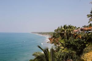 uitzicht op een strand met palmbomen en huizen bij Green Garden Ayurvedic Resort & Green House in Varkala