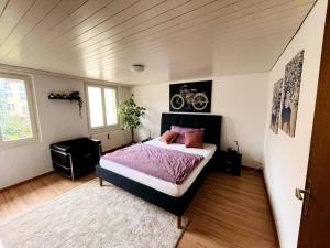 una camera con un letto e una bicicletta appesa al muro di Newly furnished beautiful old building apartment in the center with Apple TV a St. Gallen