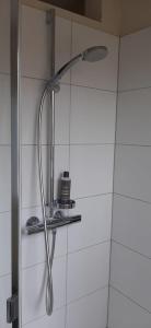 a shower with a shower head in a bathroom at Blaues Haus-Urlaub mit Alpakas oder nur eine schöne Unterkunft in der schaalseergion 