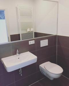 a bathroom with a sink and a toilet and a mirror at Hotel Rodgau in Rodgau