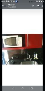 里約熱內盧的住宿－Designer Apartment Leme，厨房台面上设有微波炉