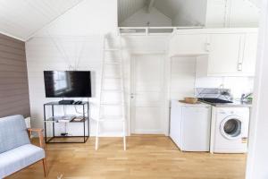 salon z pralką i telewizorem w obiekcie Authentic Lofoten Rorbu w mieście Stamsund
