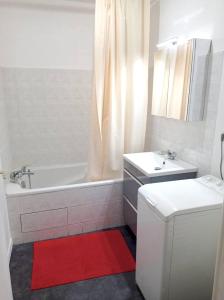 a bathroom with a white tub and a red rug at Studio a Clermont Ferrand in Clermont-Ferrand