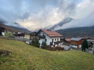 a group of houses in a field with a mountain at Mountain Lodge Sölden - Ski in Bike out Chalet in Sölden