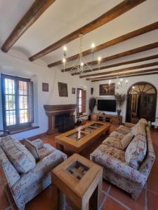 a large living room with couches and a fireplace at Finca exclusiva (10.000m2) para 10-17 personas in Seville