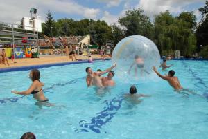 un grupo de personas jugando en una piscina con una bola grande en Karikatúra Vendégház, en Szentes
