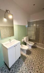 La salle de bains est pourvue d'un lavabo, de toilettes et d'une douche. dans l'établissement Casa dos Cantares, à Padrón