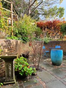 einen Garten mit einer blauen Vase und einigen Pflanzen in der Unterkunft Lewes Beautiful sunny flat in the historic town in Lewes