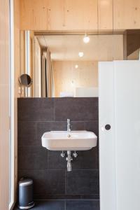 uma casa de banho com um lavatório e um espelho em Bader Hotel em Parsdorf