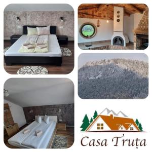 un collage de fotos de un dormitorio y una casa en Casa Truța en Topliţa