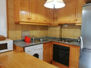 a kitchen with wooden cabinets and a sink and a dishwasher at Apartamento Herbasabina 3 con jardín comunitario y piscina en verano in Pla de l'Ermita