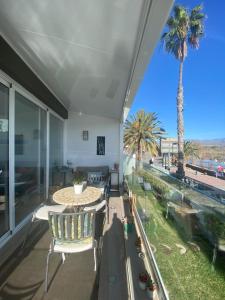 a view of a living room with a palm tree at Apartamento Oasis Palmeras 4 in San Bartolomé