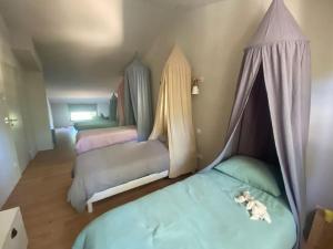 a bedroom with two beds and a drape with a canopy at Villa des Mattes - Superbe maison de famille 15 couchages in Crillon-le-Brave