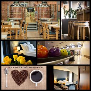 a collage of pictures of a kitchen and a restaurant at Hotel Rad in Grudziądz