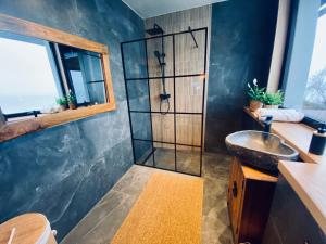 Un baño con ducha de cristal y lavabo. en REWA CZTERY PORY ROKU, en Rewa 8 fotos más