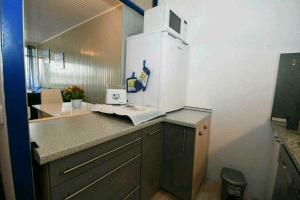 eine Küche mit einer Spüle und einem Kühlschrank in der Unterkunft Apartementhaus Panoramic in Sierksdorf
