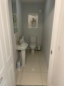 a small bathroom with a toilet and a sink at The Townhouse @Thorpe Road in Peterborough