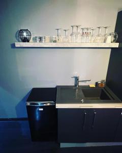 a kitchen with a sink and a shelf with glasses at The Dream Spa 07 in Tournon-sur-Rhône