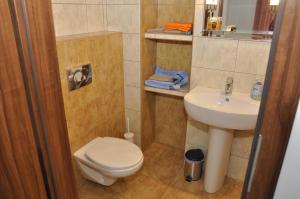 a small bathroom with a toilet and a sink at Apartament Bażantowo z parkingiem in Katowice