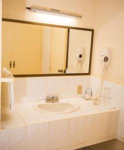 baño con lavabo y espejo grande en Hotel Estrella en Managua