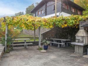 eine Pergola mit zwei Picknickbänken und einem Gebäude in der Unterkunft Holiday Home Mona by Interhome in Leontica