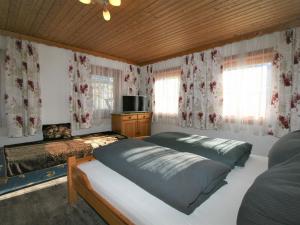 a bedroom with two beds and windows with curtains at Apartment Unterflöber-1 by Interhome in Großhartberg