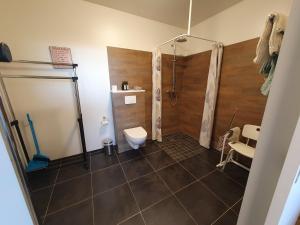 a bathroom with a shower and a toilet at Skálatjörn Guesthouse in Skálatjörn